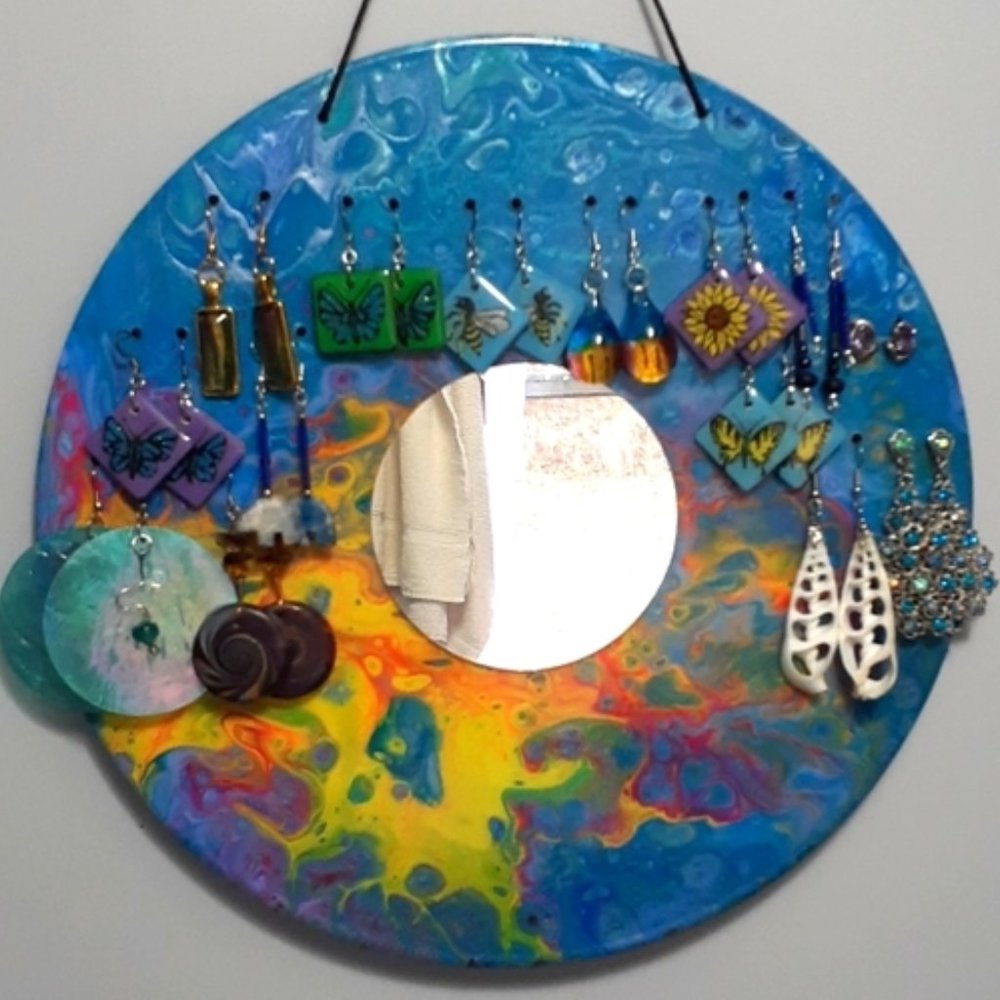 Hand Crafted Earring Jewelry Holder Painted  Necklaces Vinyl Record Upcycle Deco